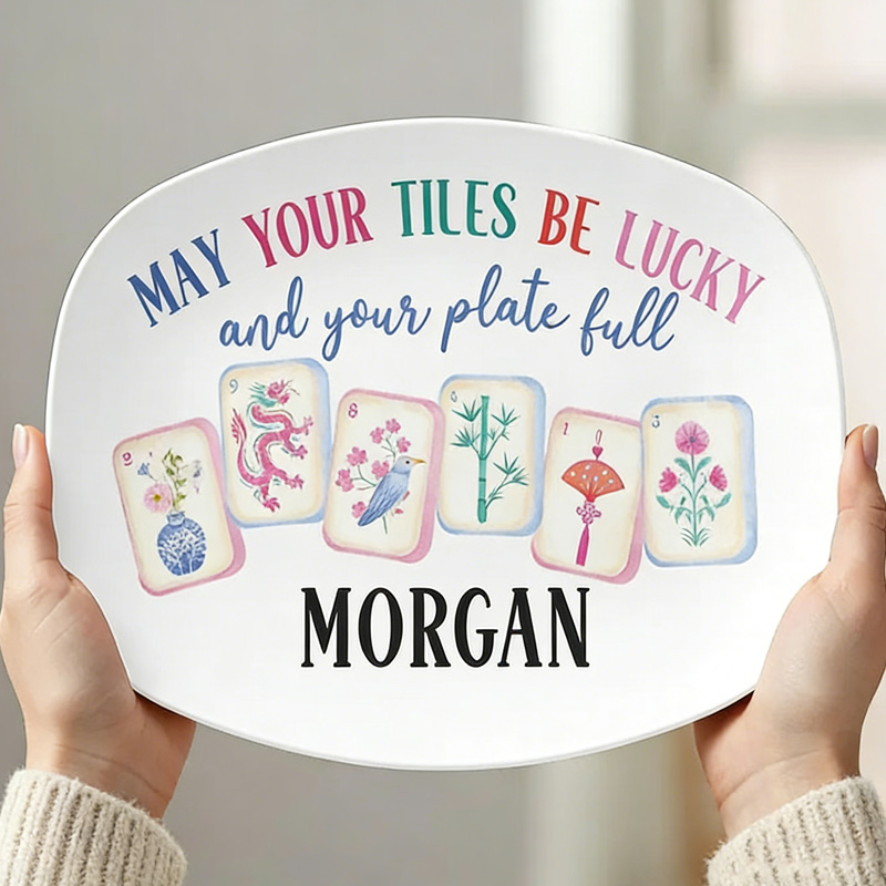 Lucky Quote Colorful Mahjong Tiles Pattern Gift Tableware for Party Lovers Game Night Mahjong Tile Dinner Plates