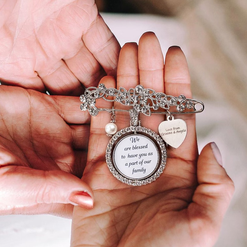 Personalized Something Blue Wedding Bouquet Charm Photo and Engraved Heart Brooch Memorial Rhinestone Pearl Gift for Bride