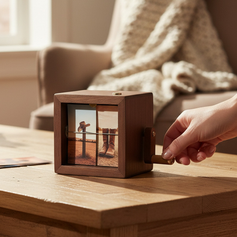 Personalized Creative Retro Wooden Movie Memory Display Box Vintage Photo Player Gift Hand-Cranked Photo Frame
