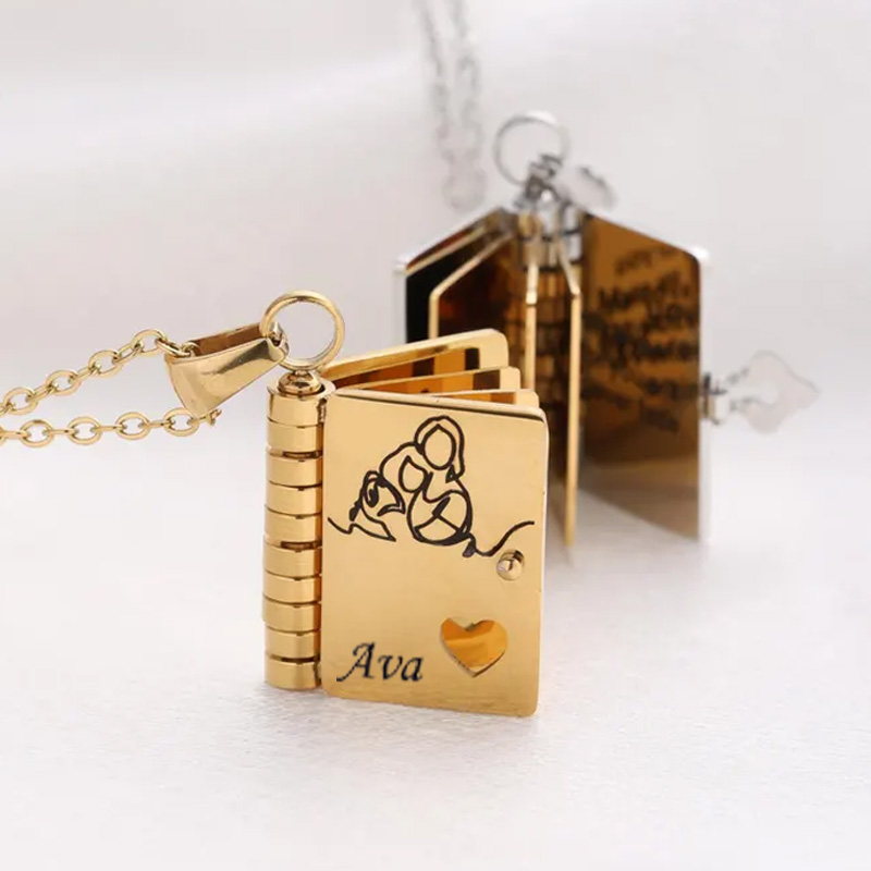 Personalized Book Necklace for Granddaughter Silver Locket Charm Pendant Gift Jewelry Engraved Book Necklace