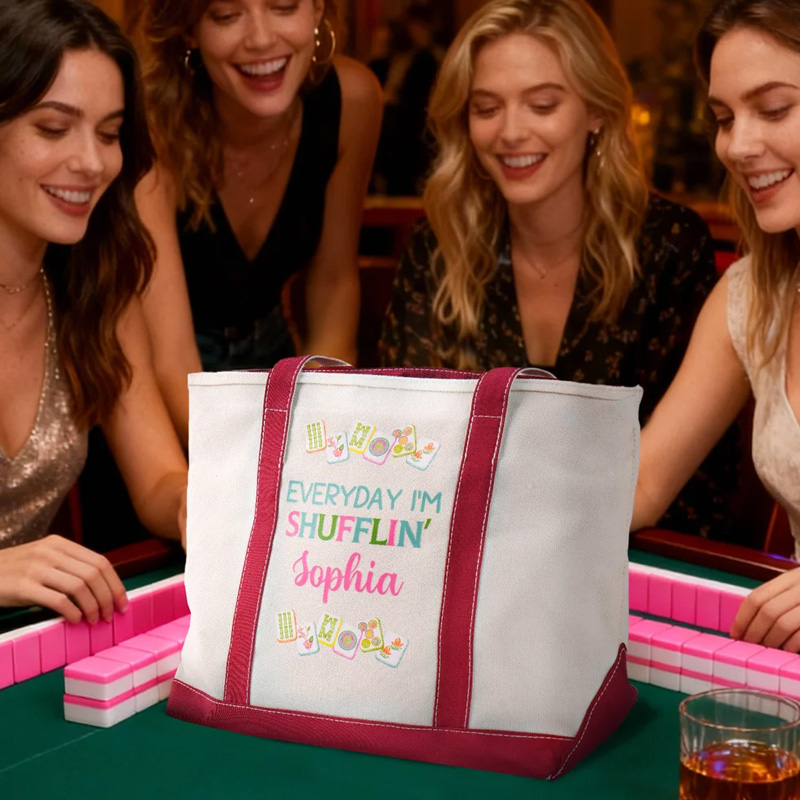 Personalized Mahjong Design Multicolor Canvas Tote Bag with Name Mahjong Club Birthday Gift for Family Friend Mahjong Player