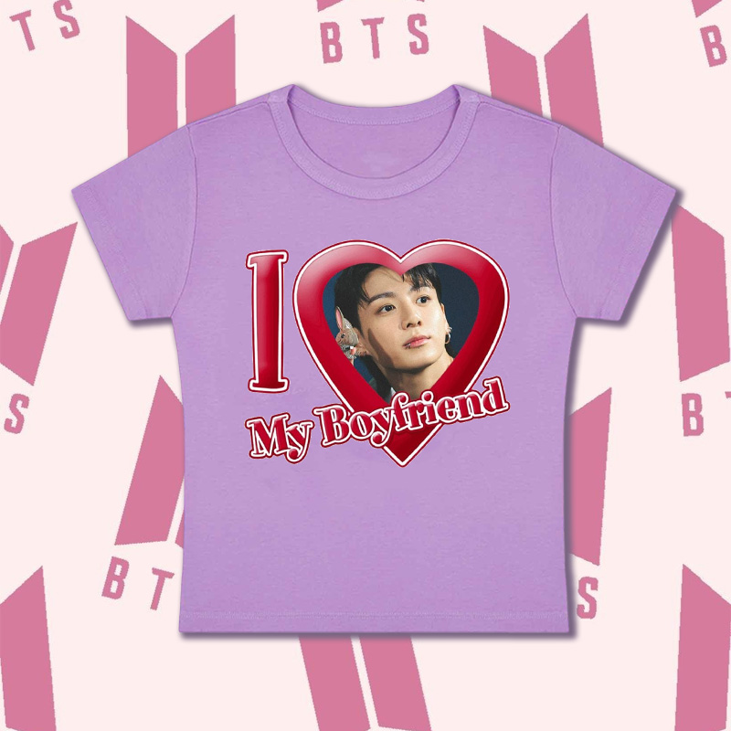 Personalized I Love My Boyfriend Heart Graphic Kpop Inspired Cute Y2K Aesthetic Short Sleeve Cropped Top Baby Tee K-Pop Fans Baby Tee