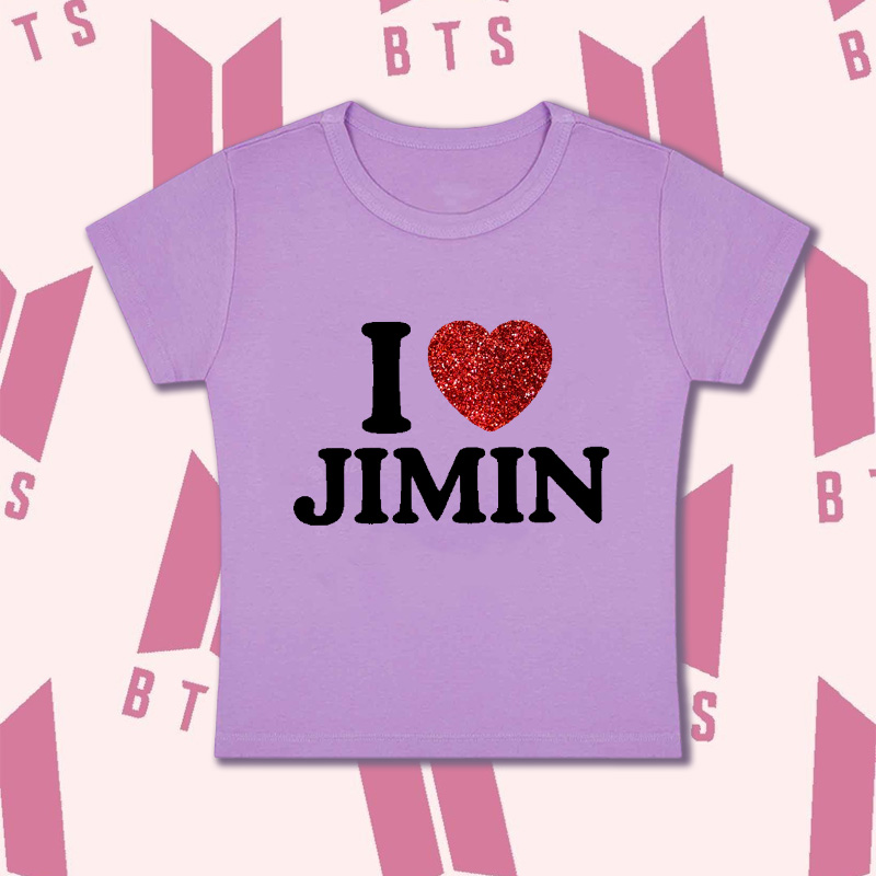 Personalized I Love Jimin Heart Glitter Graphic Kpop Inspired Cute Y2K Aesthetic Short Sleeve Cropped Top Baby Tee