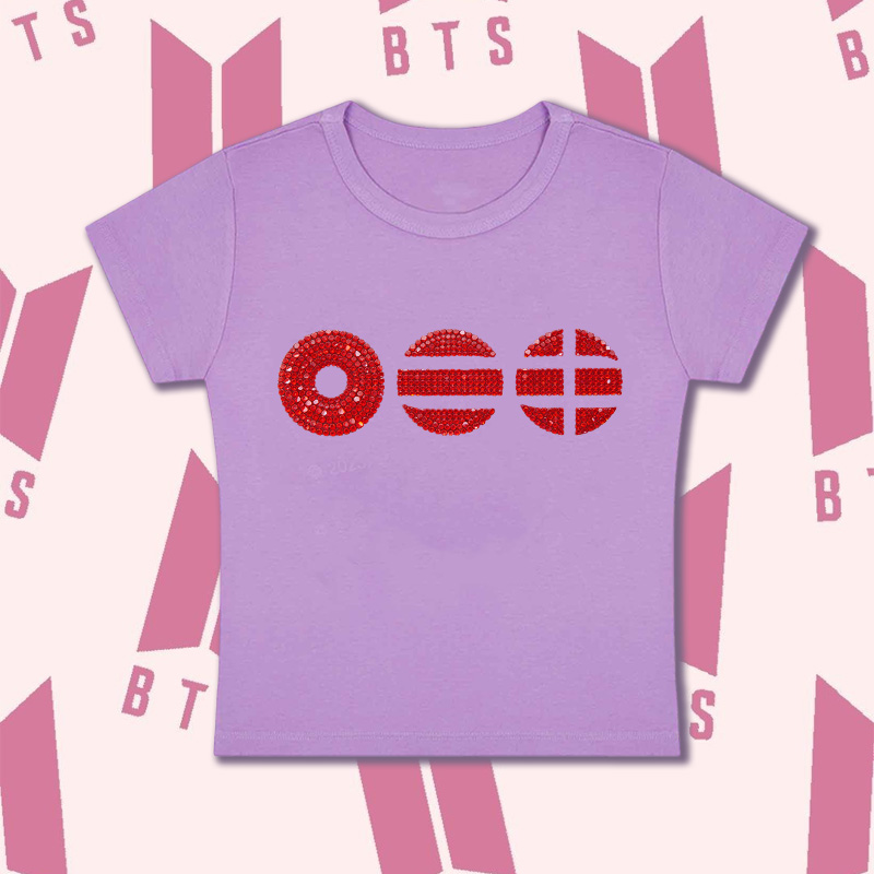 K-Pop Fans Rhinestones Cute Sweet Treat Graphic Kpop Inspired Aesthetic Short Sleeve Cropped Top Baby Tee