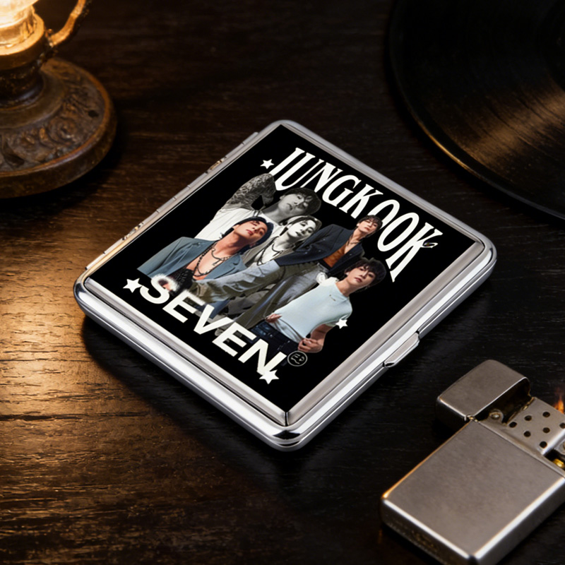 Jungkook K-pop Inspired Retro Collage Art Black and White Fan Gift Metal Cigarette Case