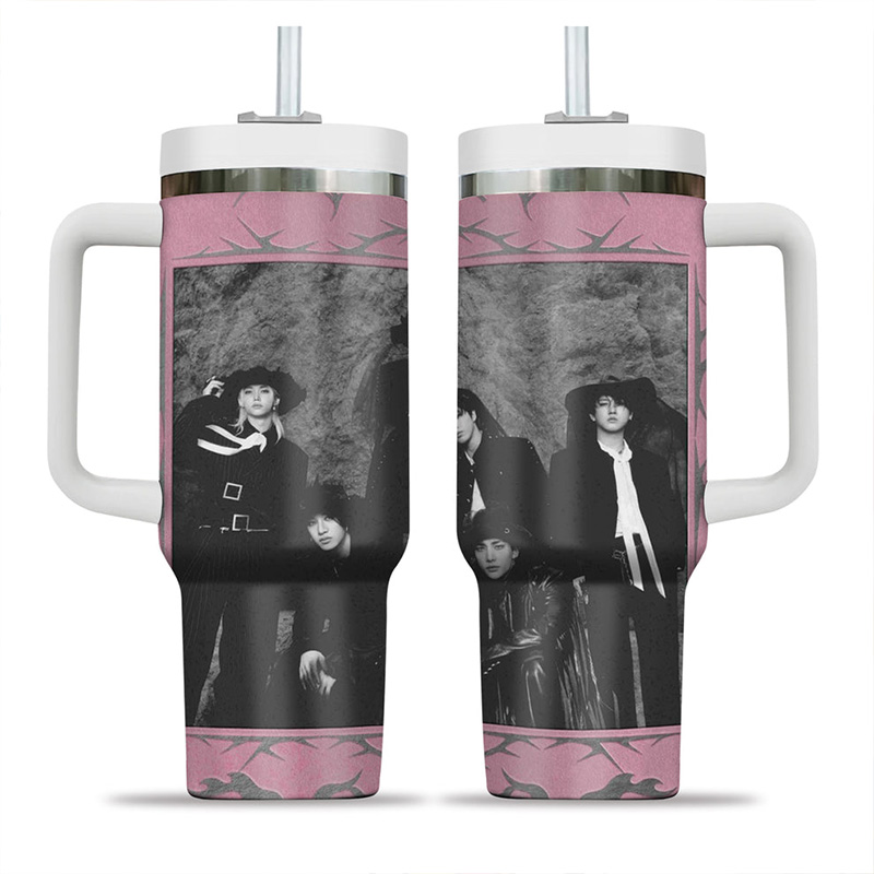 Kpop Inspired Black and White Retro Style Pink Frame Thorn Pattern Stainless Steel Travel Mug Tumbler