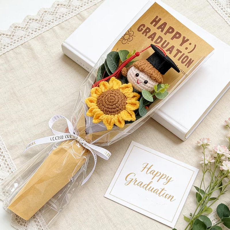 Graduation Gift Sunflower Bouquet with Cute Doll Plush Toy Handmade Flower Wrap Congratulation Present