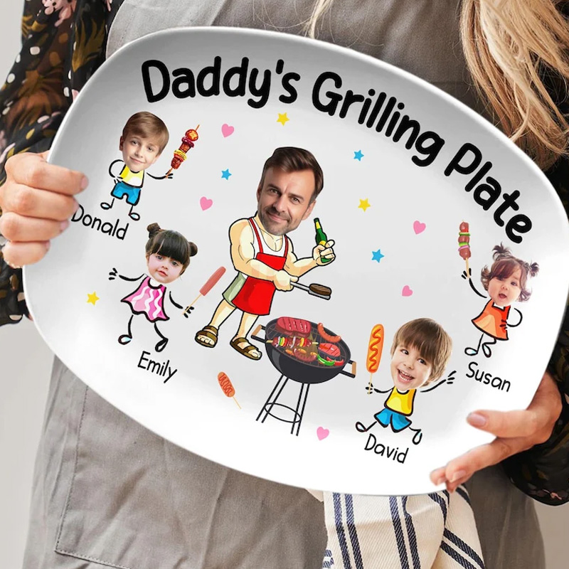 Personalized Cute cartoon family barbecue funny personalized summer cookout gift for dad custom artwork Daddy Grilling Platter