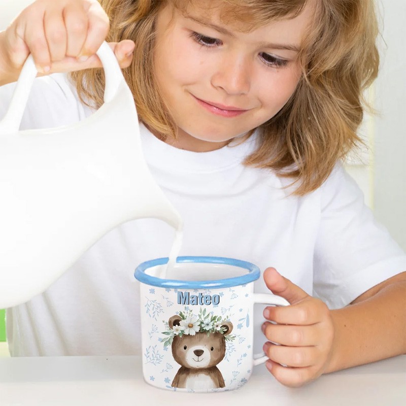 Personalized Cartoon Wreath Deer Bear Animals 12 oz Colored Rim Enamel Mug with Name Daily Use Christmas Birthday Gift for Boys and Girls