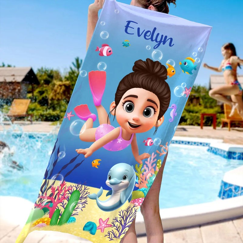 Personalized Cute 3D Diving Kid Sea Animal Quick Dry Soft Oversized Beach Towel with Name Summer Vacation Beach Party Birthday Gift for Boys Girls
