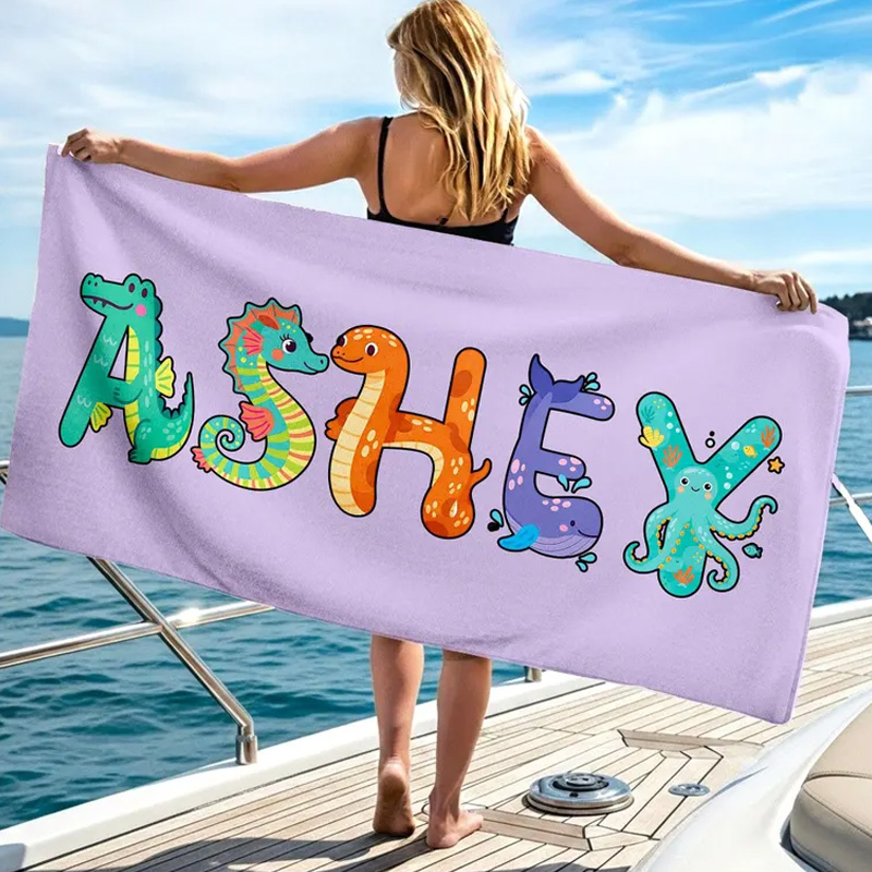 Personalized Name Beach Towel Custom Colorful Letters Pink Background Summer Pool Gift for Kids and Adults