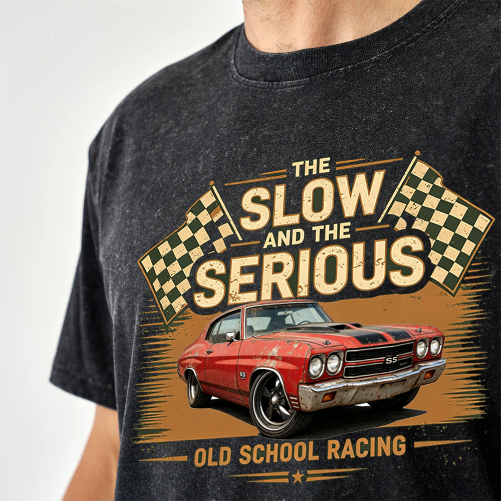 Personalized Retro Washed Cotton Racing T-Shirt Muscle Car "The Slow and The Serious" Graphic Tee, Vintage Checkered Flag Auto Enthusiast Shirt