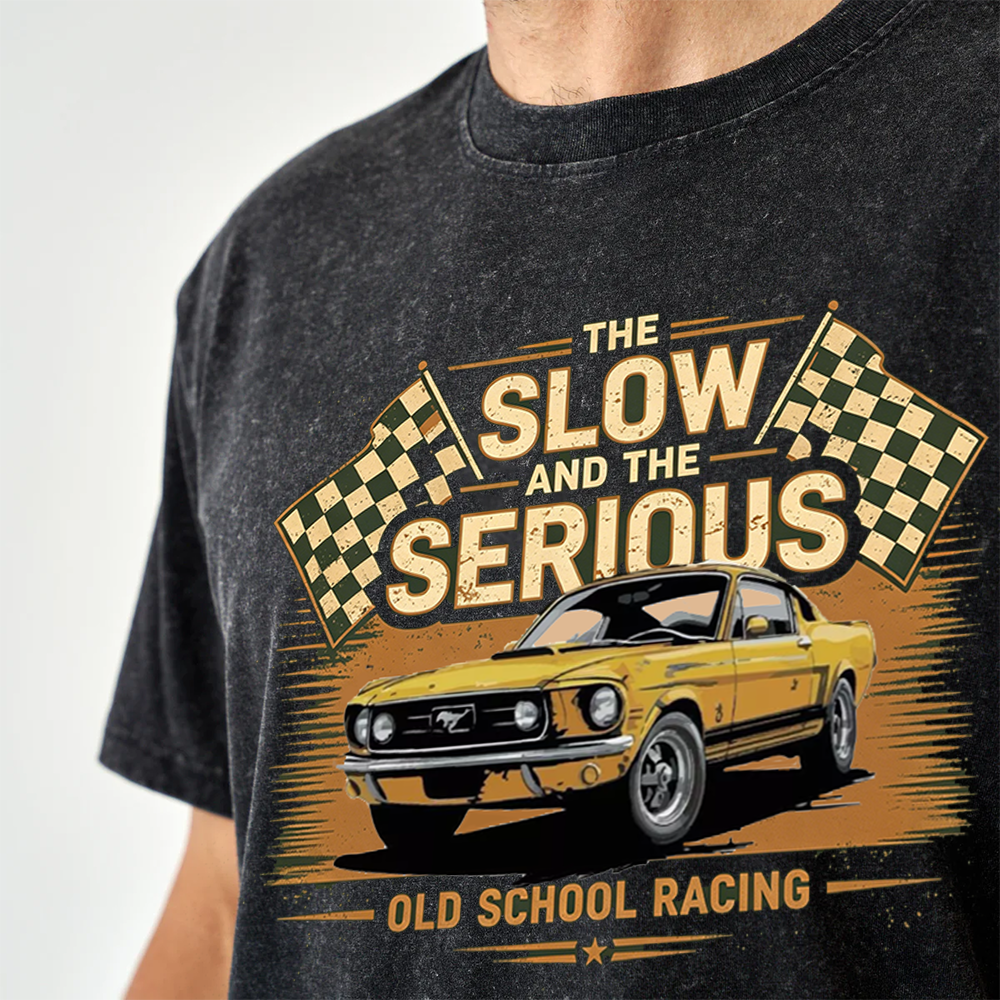 Personalized Retro Washed Cotton Racing T-Shirt Muscle Car "The Slow and The Serious" Graphic Tee, Vintage Checkered Flag Auto Enthusiast Shirt