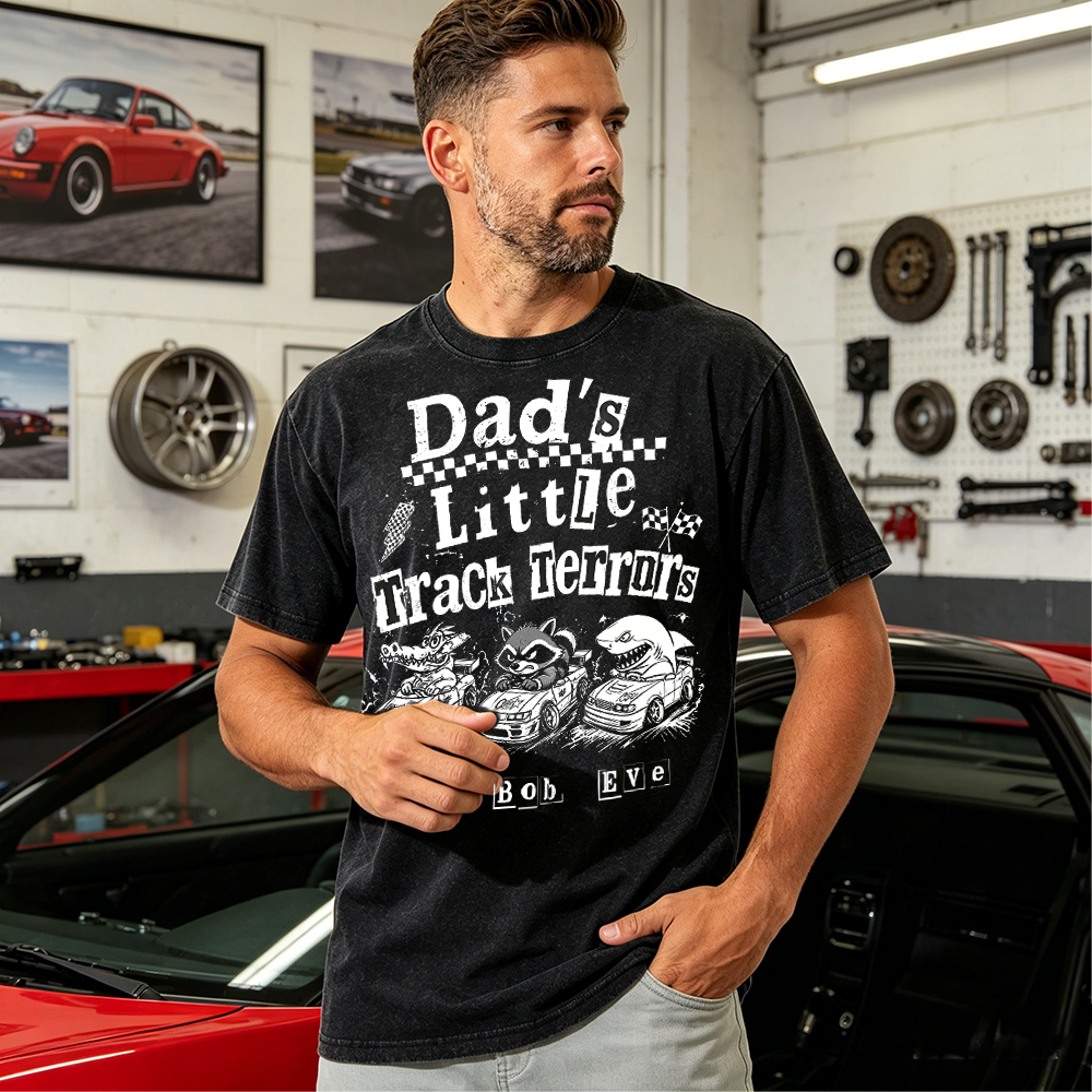 Personalized Dad's Little Track Terrors T-Shirt, Custom Kid Names Animal Race Car Dad Tee