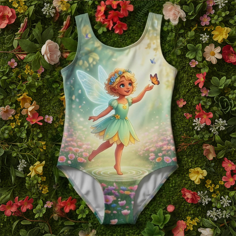 Personalized Fairy Princess Garden Wings Name Print Kids Magical Flower Meadow Summer Beach Children's Swimsuit