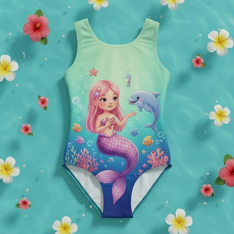 Personalized Mermaid Princess Ocean Coral Name Print Kids Pink Underwater Fantasy Beach Children's Swimsuit