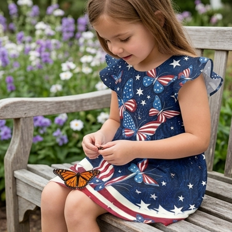 Personalized Patriotic Stars And Stripes USA Flag Print Girls Fourth Of July Red White Blue America 250th Anniversary Coquette Ruffle Dress