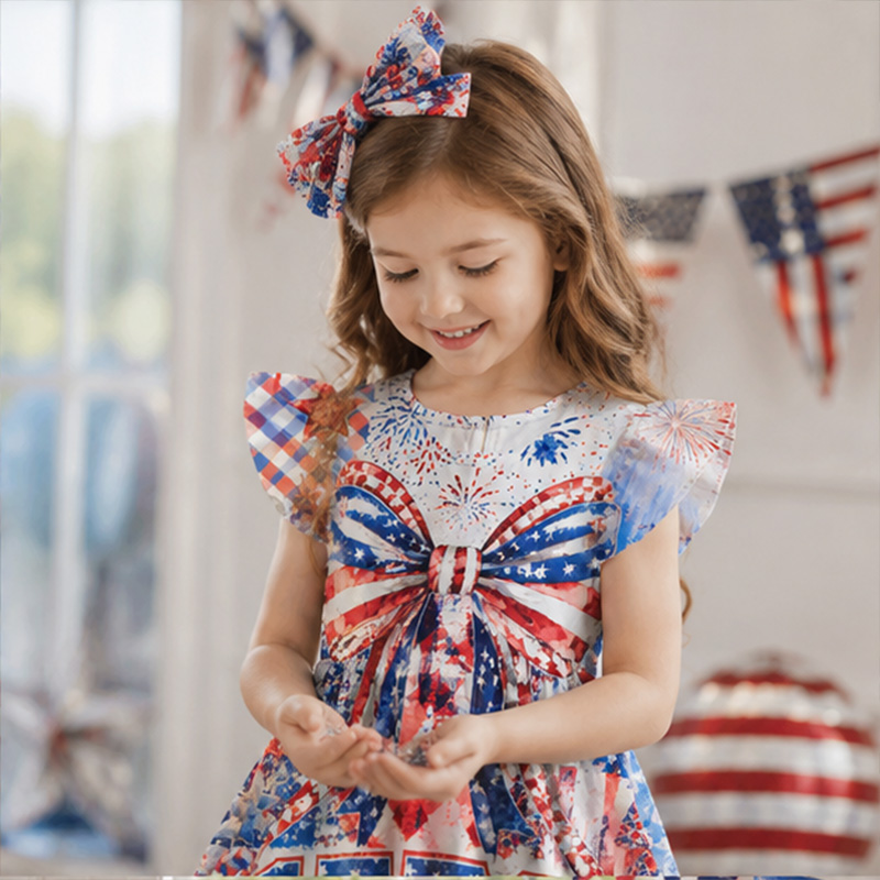 Personalized USA Stars Stripes Fireworks Independence Day Red White Blue Girls Fourth Of July America 250th Anniversary Coquette Ruffle Dress