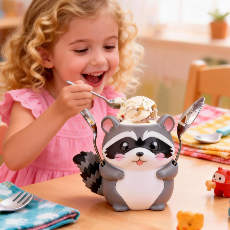 Cute Cartoon Raccoon Ice Cream Pint Holder 3D Printed with 2 Spoon Slots Cozy Birthday Gifts for Kids