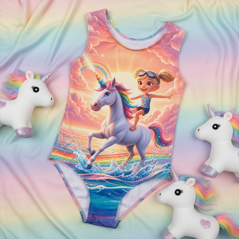 Personalized Rainbow Horse Seashells And Starfish Beach Fantasy Print For Girls Summer Vacation Children's Swimsuit