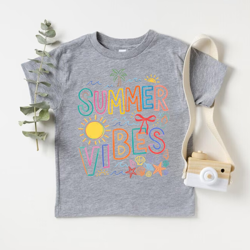 Personalized Colorful Summer Vibes Sunshine Flowers Rainbow Beach Holiday Vacation Playful Typography Graphic Kids Shirt