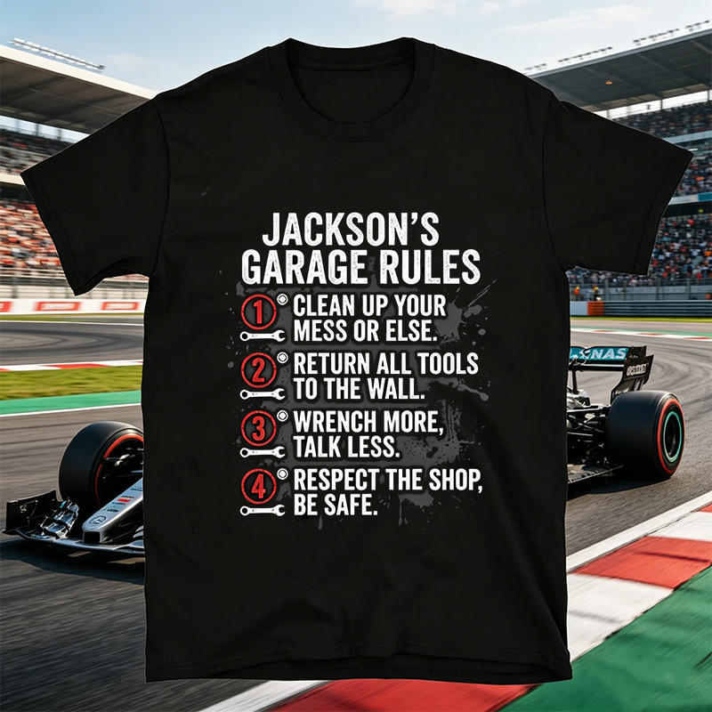 Personalized Garage Rules T-Shirt Custom Workshop Name Tee, Mechanic Garage Owner Gift for Car Lovers