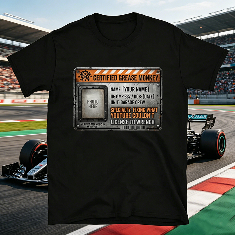 Personalized Certified Grease Monkey Mechanic Tee, Funny Garage Gift for Car Guys Dad