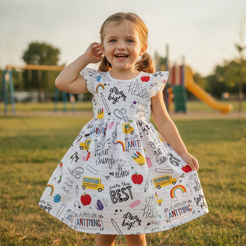 Personalized Back To School Motivational Quotes Rainbow Pencil Apple School Bus Classroom Doodle Print Coquette Ruffle Dress