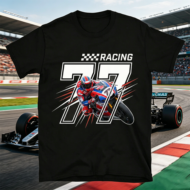 Personalized Number 77 Racing Motorcycle Rider Checkered Flag Graphic Unisex Black Cotton T-Shirt