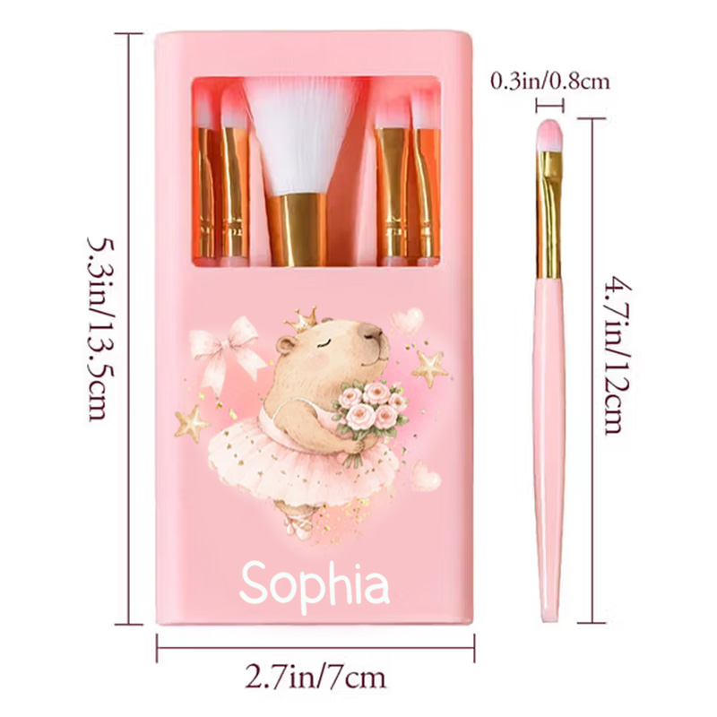 Personalized Cute Capybara Ballerina Pink Floral Tutu Dance Lover Gift Travel Organizer With Mirror Makeup Brushes Box Set