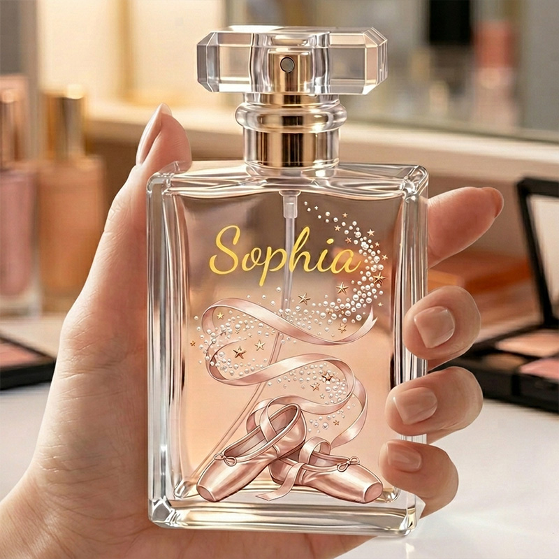 Personalized Elegant Rose Gold Ballet Slippers Sparkle Confetti Name Script Keepsake Dancer Gift Decor Perfume Bottle