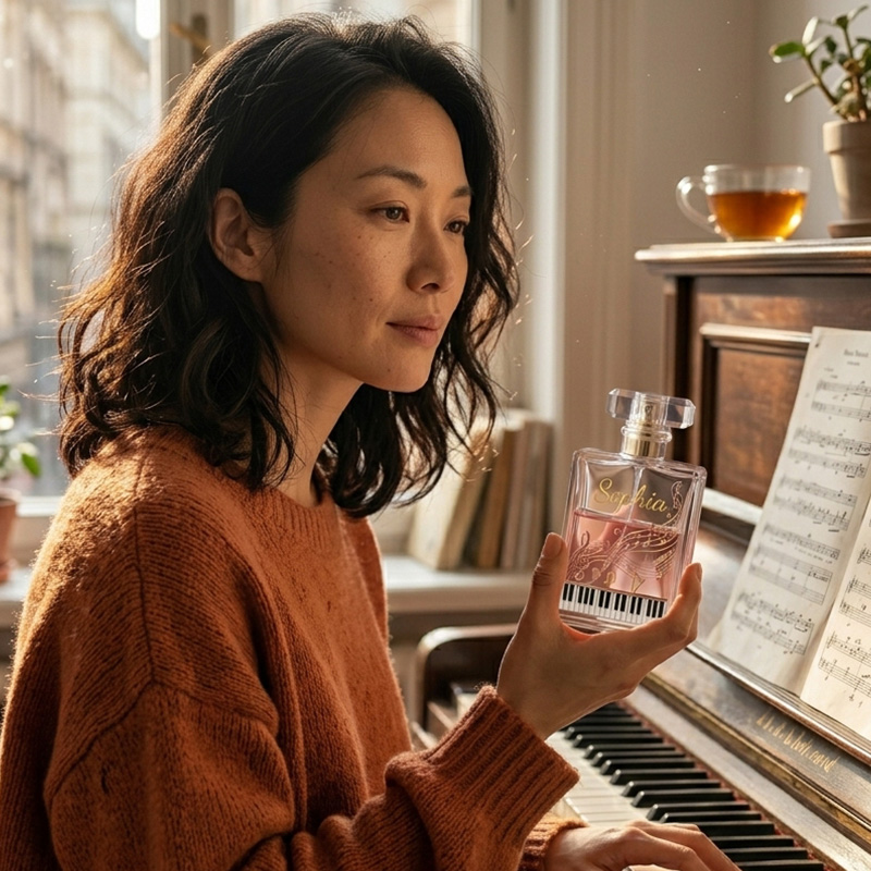 Personalized Classical Music Notes Piano Keys Rose Gold Elegant Script Name Orchestra Lover Gift Perfume Bottle