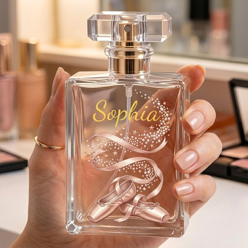 Personalized Elegant Rose Gold Ballet Slippers Sparkle Confetti Name Script Keepsake Dancer Gift Decor Perfume Bottle