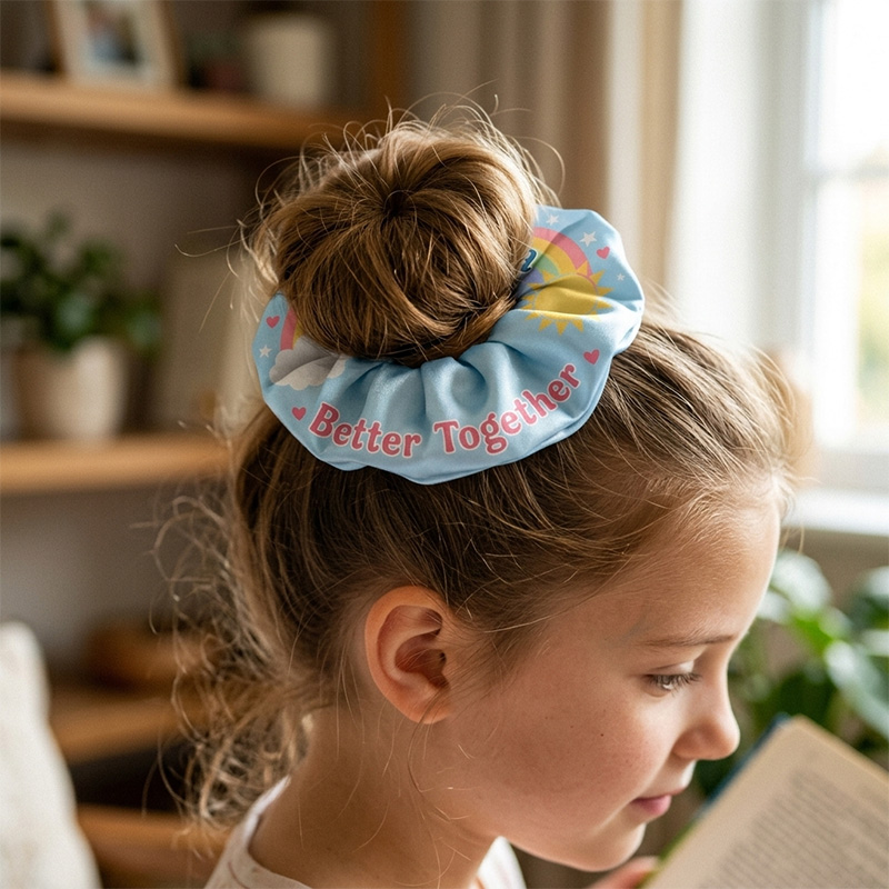 Personalized Rainbow And Sunshine Name Print Positive Quote Better Together Cute Pastel Clouds Hearts Hair Scrunchie