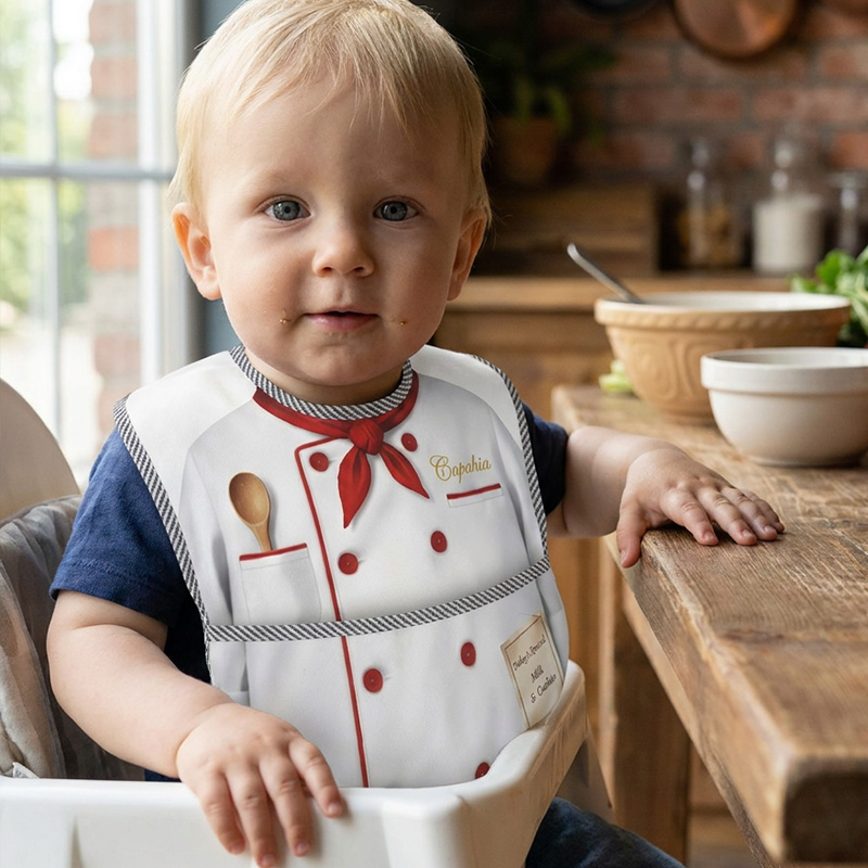 Personalized Little Chef Bib Name White Apron Printed Buttons Red Bow