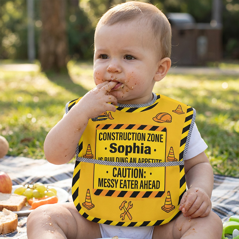 Personalized Construction Zone Bib Name Caution Messy Eater Ahead Yell