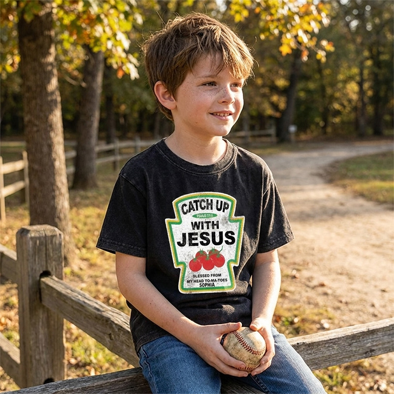 Personalized Catch Up With Jesus Scripture Tomato Blessed From My Head To Ma Toes Christian Faith Graphic Kid Washed T Shirt