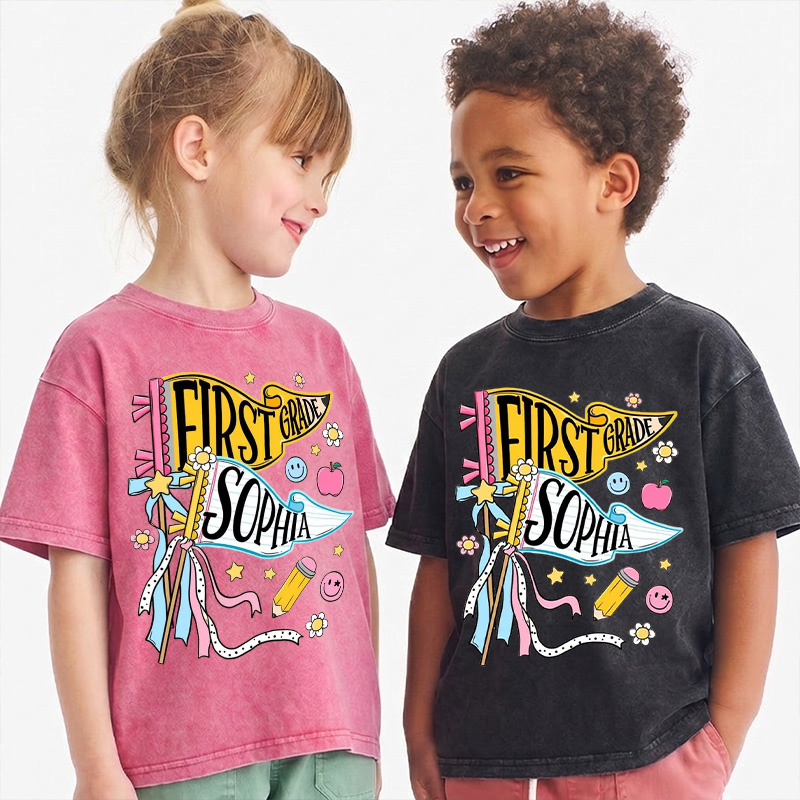 Personalized First Grade Pennant Name Back To School Cute Pastel Ribbons Stars Flowers Smiley Face Pencil Kid Washed T Shirt