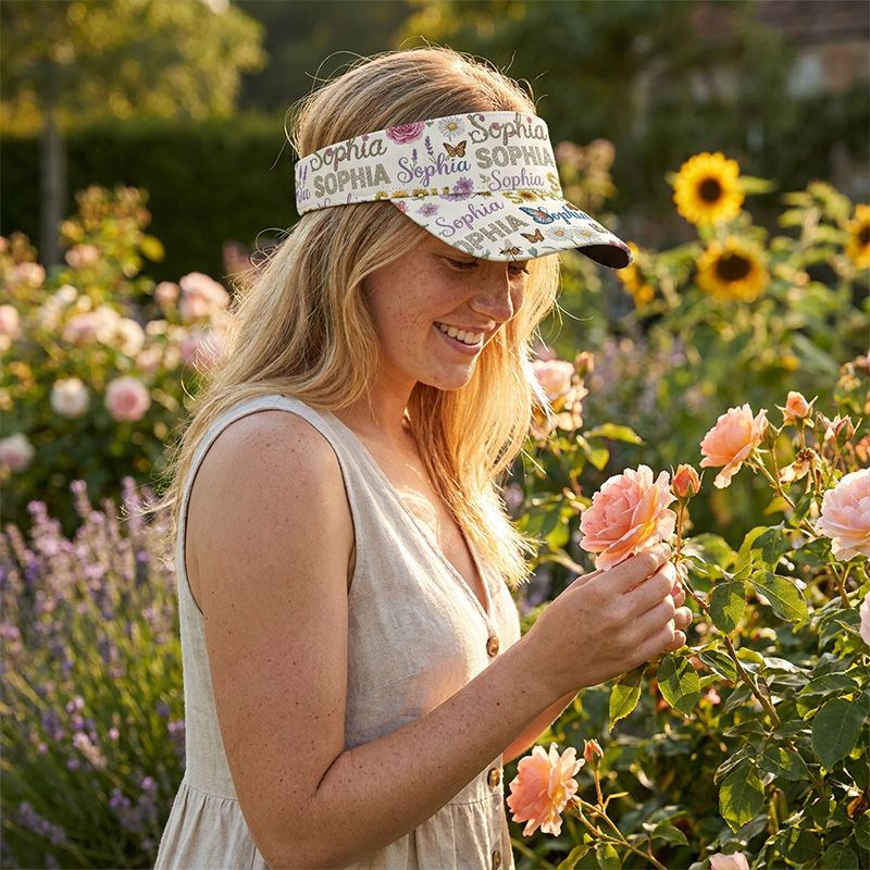 Personalized Flower Script Visor Hat Custom Name Teen Girls Sun Cap Beach Inspired Handwritten Letter Pattern Summer Outdoor Accessory