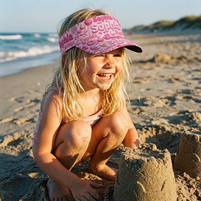 Personalized Pink Candy Visor Hat Custom Name Kids Sun Cap Beach Inspi