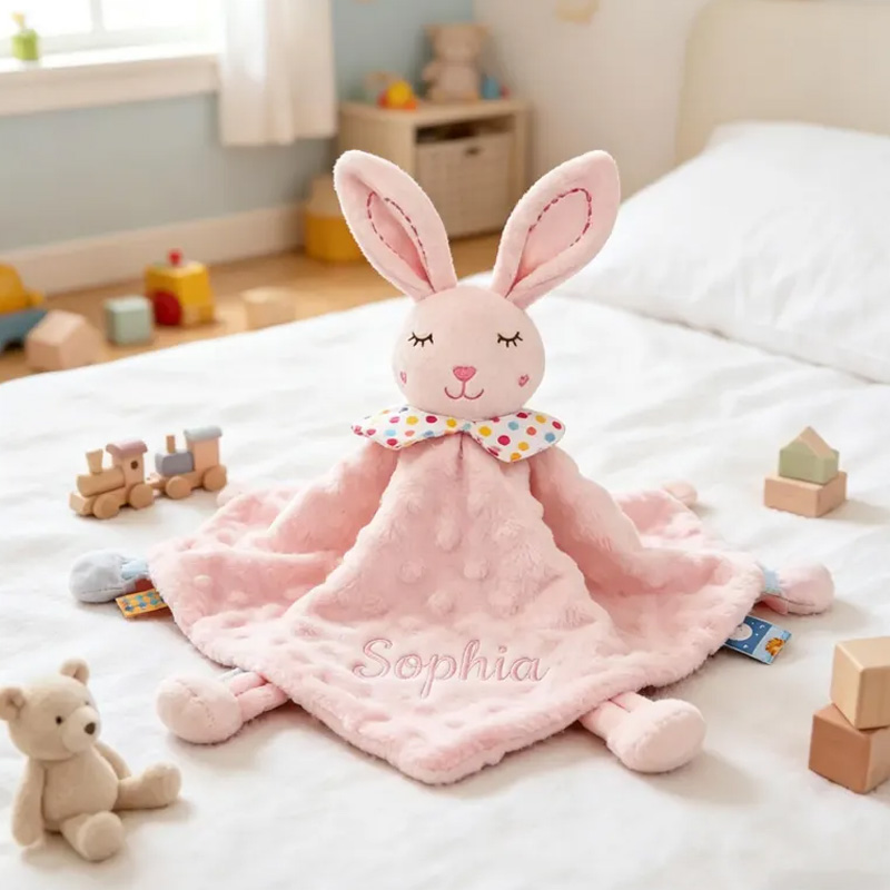 Personalized Embroidered Name Lovey Blanket Themed Cozy Sleep And Comfort Design Soft Pink Minky Dots Custom Name Baby Security Snuggle Toy Crinkle Sensory Security Toy