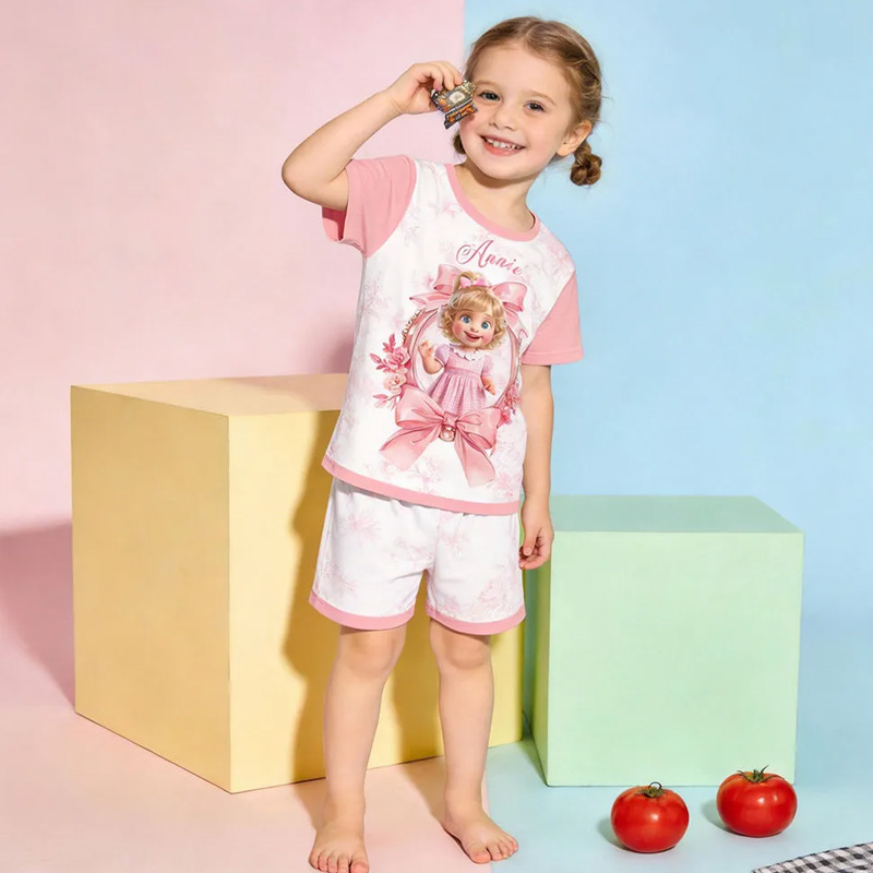 Personalized Princess Pajama Set Themed Sweet Dreamy Bedtime Magic Design Soft Pink Short Sleeve Top And Shorts For Girls
