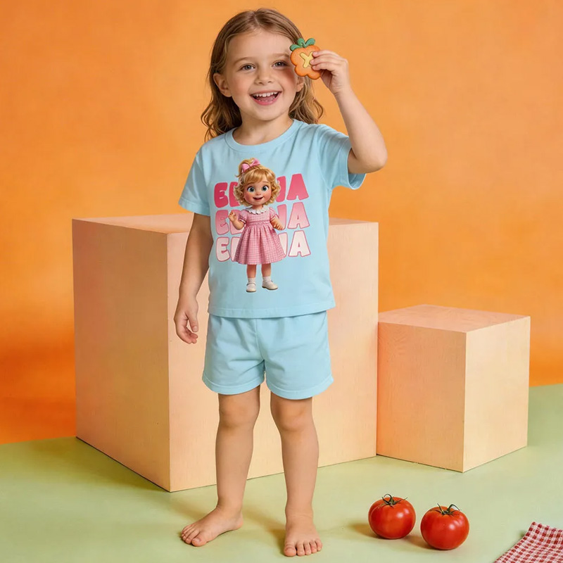 Personalized Cartoon Face Pajama Set, Custom Photo Name Print Girls Crew Neck Short Sleeve Top With Matching Shorts Funny Housewear Suit