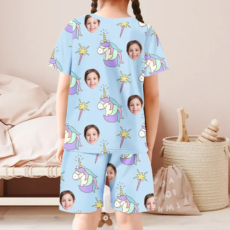 Personalized Face Rainbow Horse Pajamas Crew Neck Short Sleeve Short Pants Red Heart House wear Suit For Kids