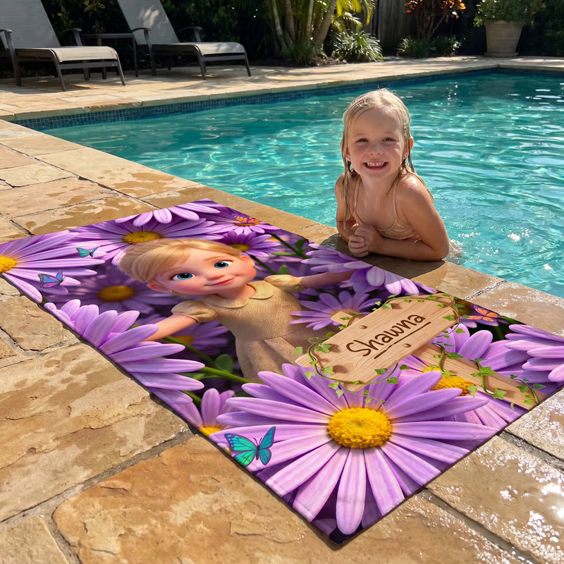 Personalized Birth Flower Cartoon Kid Photo Quick Dry Oversized Microfiber Beach Towel with Name Travel Essentials Beach Party Birthday Gift for Kids