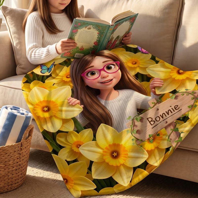 Personalized Birth Flower Cartoon Character Photo Soft Throw Blanket with Name Home Decor Birthday Gift for Kids