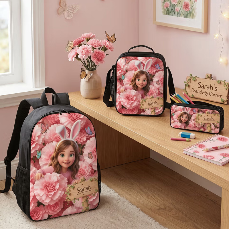 Personalized Birth Flower Photo Backpack Pencil Case Lunch Bag Set with Name Back To School Birthday Gift for Kids Boys Girls