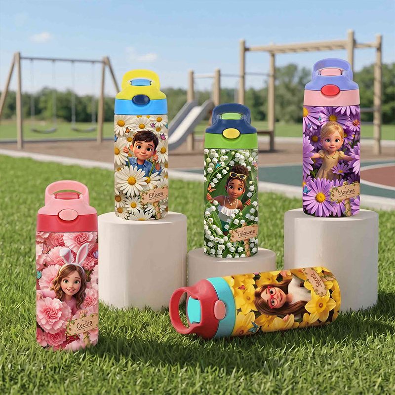 Personalized Birth Flower Water Bottle Themed Magical Garden Adventure Design Custom Kids Photo Leakproof Travel Cup