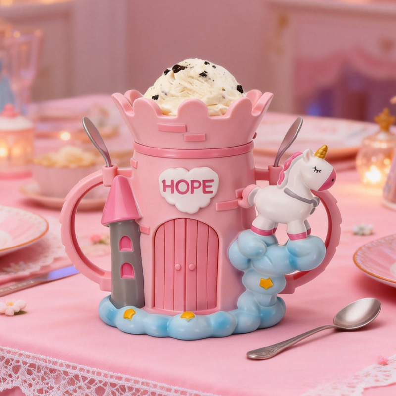 Cartoon Unicorn Castle Ice Cream Pint Holder 3D Printed with 2 Spoon Slots Cozy Birthday Gifts for Kids