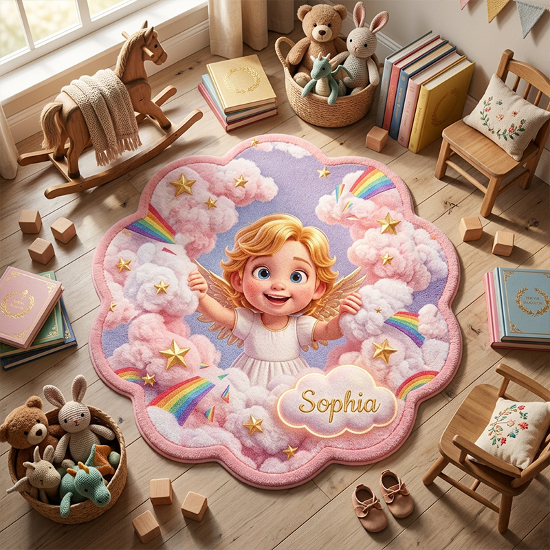 Personalized Angel Rainbow Kids Rug Themed Dreamy Cloud Fantasy Bedroom Decor Design Soft Custom Name Play Mat For Girls